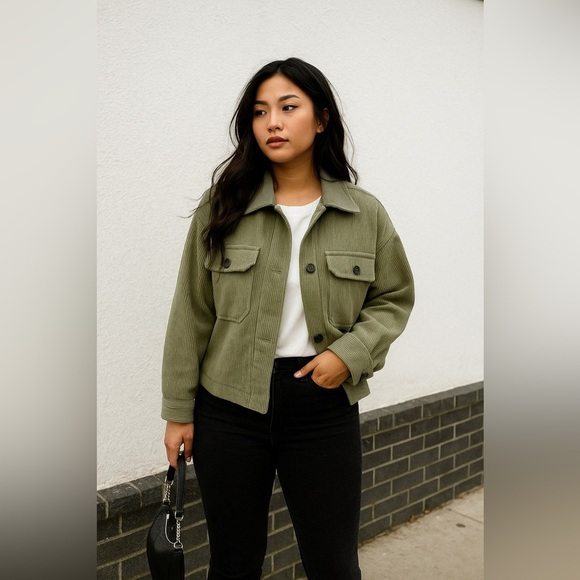 Olive Green Corduroy Cropped Jacket (Oversized) - Picture 1 of 4